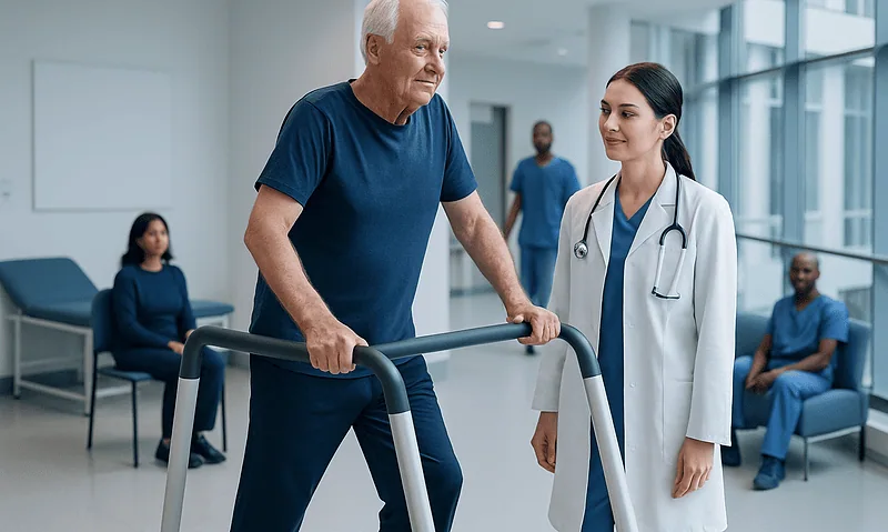 Health Library 8 Elderly man using walker during cardiac rehab with medical staff assistance.