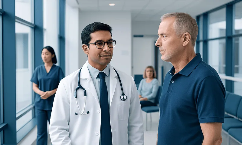 Cardiologist consulting with a patient in a hospital corridor.