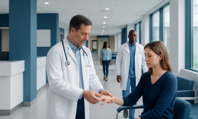 Doctor examining a patient's hand in a modern hospital corridor.