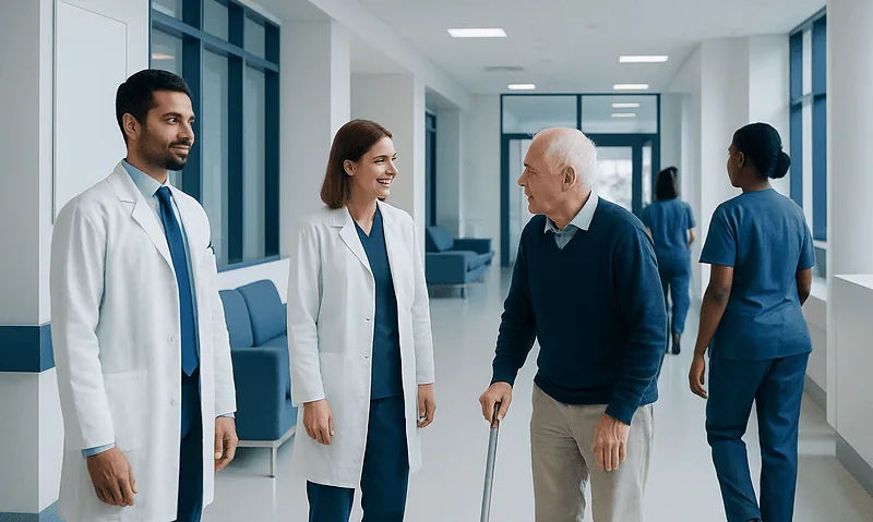 Healthcare professionals greeting an elderly patient in hospital corridor.