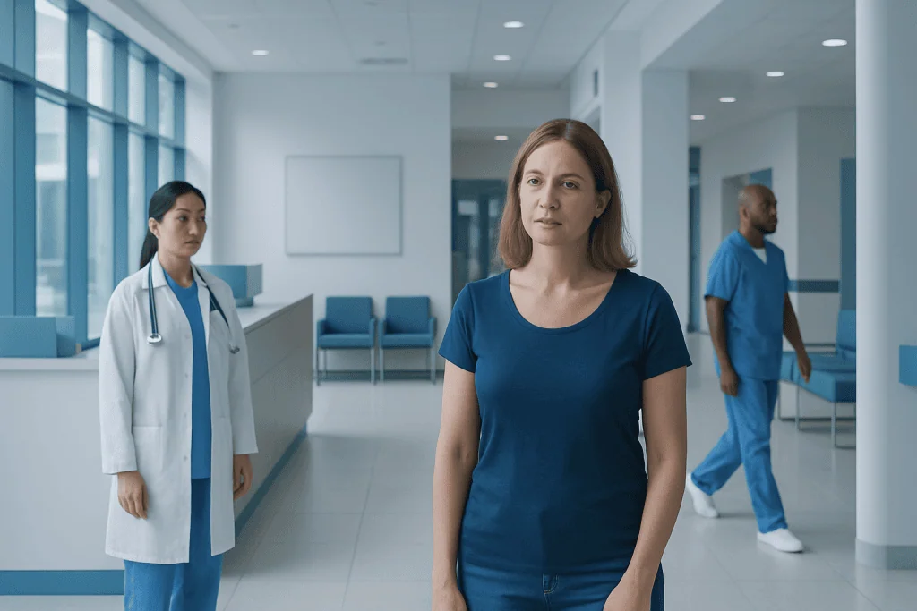 What Causes Breast Cancer? Risk Factors Explained 1 Female patient waiting in hospital corridor with medical staff nearby.