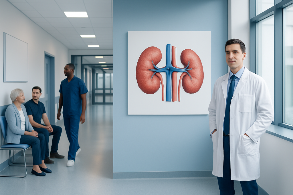 What Causes Kidney Disease? Diabetes, Blood Pressure, and Other Risks 1 Doctor and patients in a hospital corridor with kidney diagram.