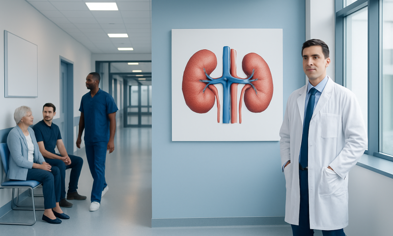 What Causes Kidney Disease? Diabetes, Blood Pressure, and Other Risks 12 Doctor and patients in a hospital corridor with kidney diagram.