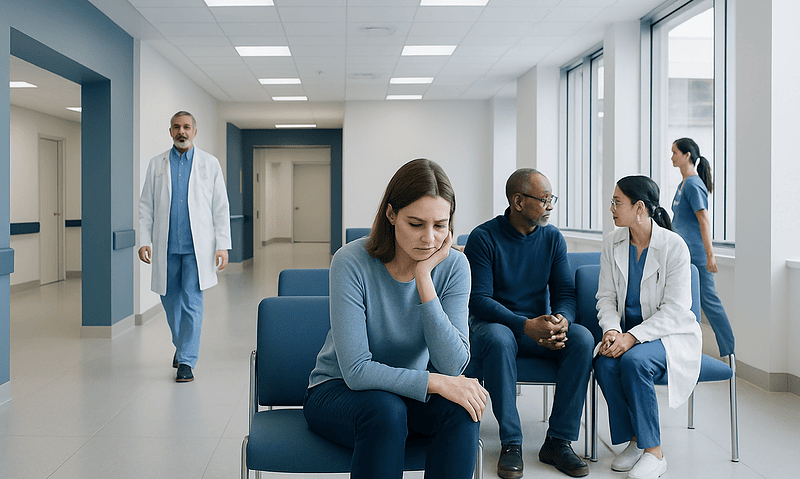 Patients waiting in a hospital corridor with medical staff nearby.