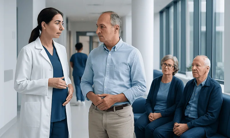 What Causes Pancreatic Cancer? Risks and Triggers 17 Doctor discussing with patient in hospital corridor with visitors nearby.