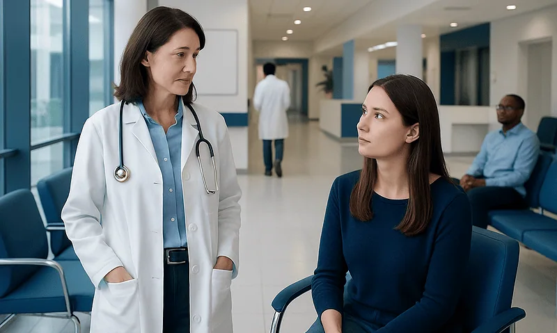 Doctor consulting a patient in a hospital waiting area.