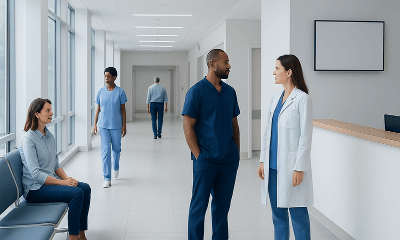 Medical professionals and staff in a modern hospital corridor.