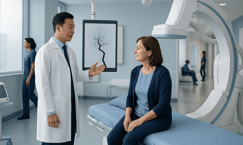 Doctor explaining cerebral angiography to a patient in a hospital setting.