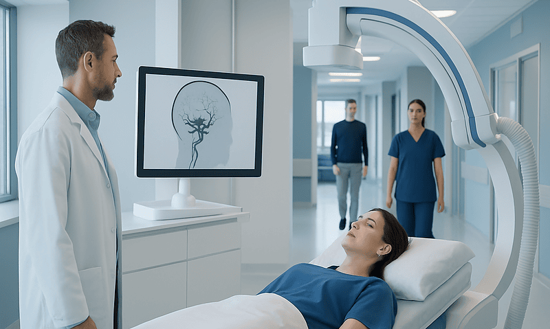 Patient undergoing cerebral angiography at Acibadem Hospital with medical team present.