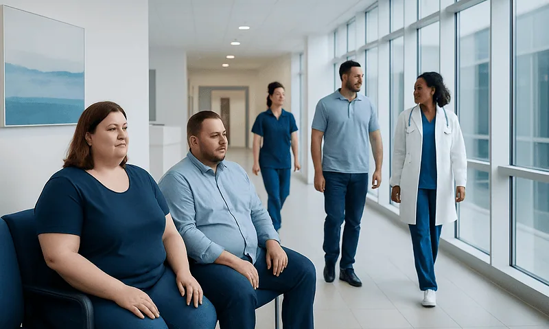 Patients waiting in a hospital corridor with medical staff nearby.