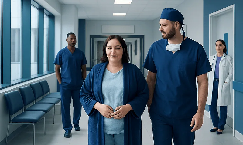 Medical team walking in hospital corridor with patient and staff.