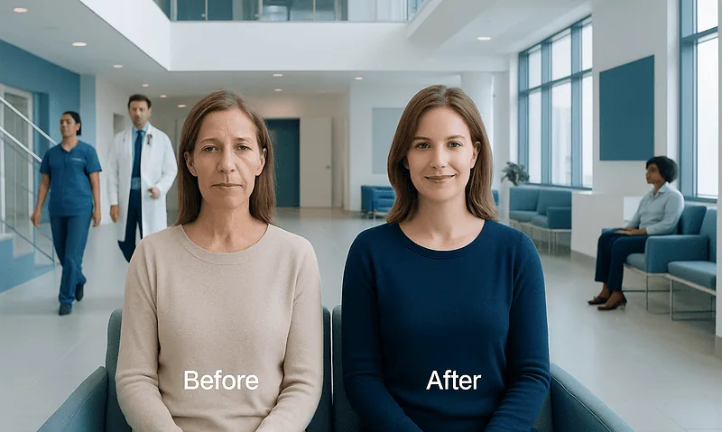 Patient before and after cheek augmentation at Acibadem Hospitals Group.