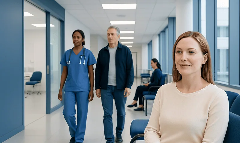 Healthcare professionals and patient in a modern hospital corridor.