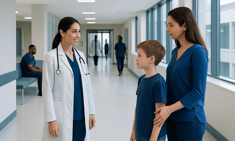 Child and mother consulting with a doctor in a hospital corridor.