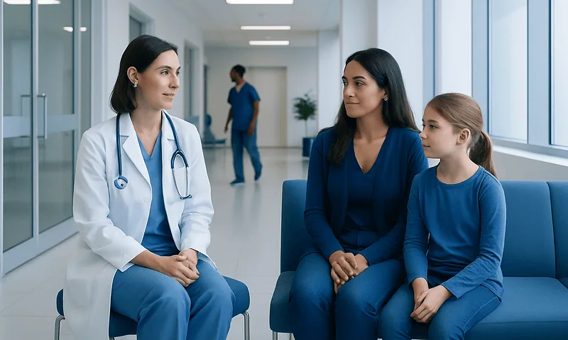 Doctor consulting with mother and daughter in hospital corridor.
