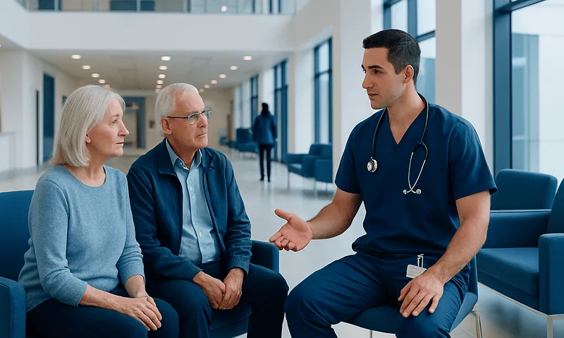 Doctor consulting with elderly couple in hospital lobby.