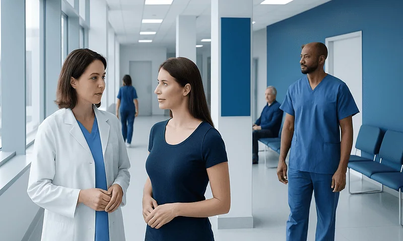 Medical consultation in a modern hospital corridor with healthcare professionals.