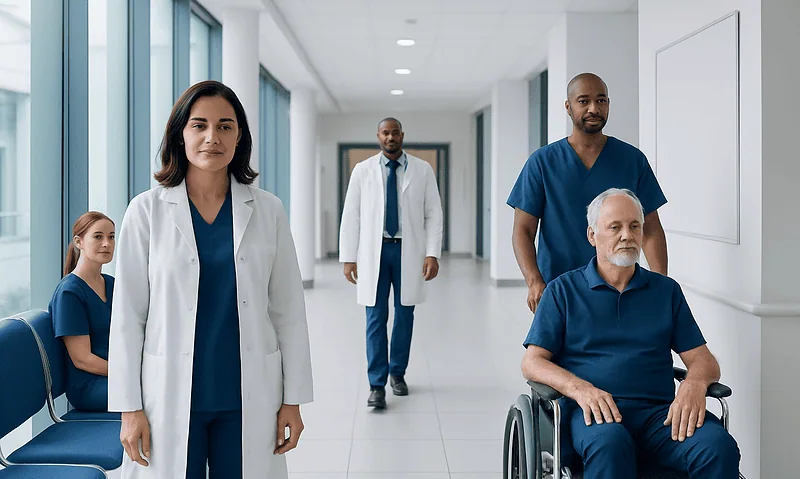 Medical team with patient in hospital corridor at Acibadem Hospitals Group.