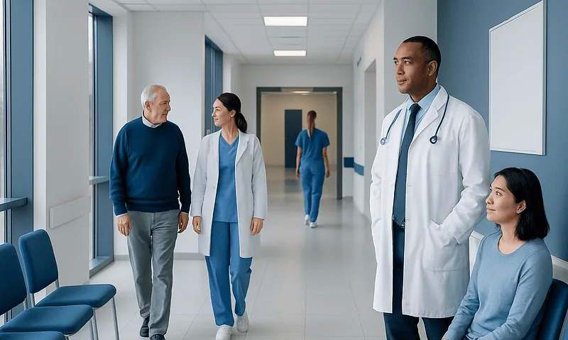 Medical team consulting with elderly patient in hospital corridor.