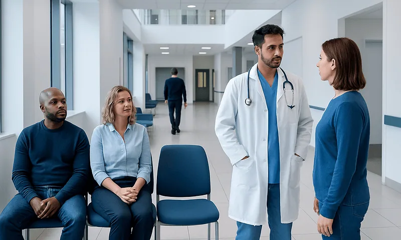 Doctor consulting with a patient in a hospital corridor.