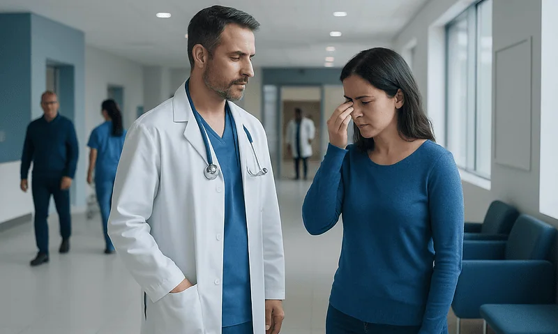 Doctor consulting a patient with sinus issues in a hospital corridor.