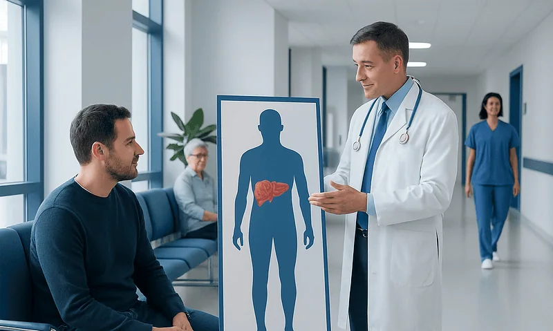 Doctor explaining liver health to patient in hospital corridor.