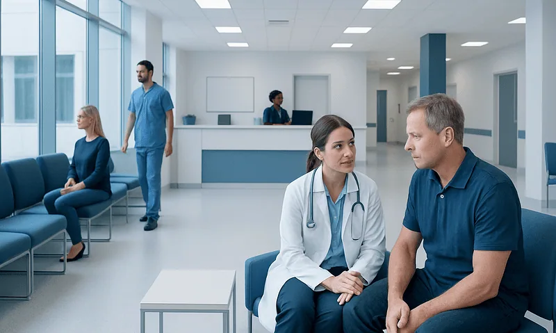 Doctor consulting with a patient in a modern hospital waiting area.