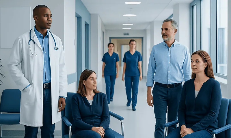 Medical team discussing patient care in hospital corridor.