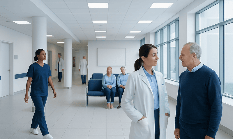 Healthcare professionals and patients in a modern hospital corridor.