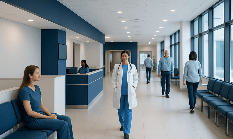 Modern hospital corridor with medical staff and patients in a healthcare facility.