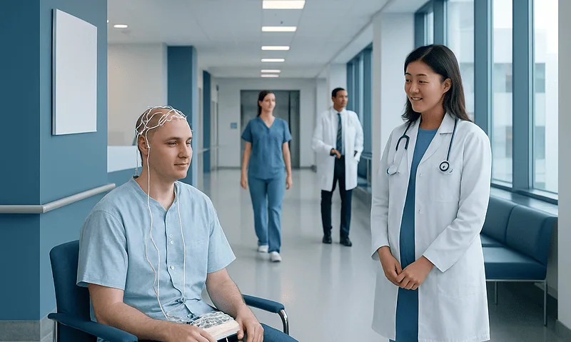 Patient undergoing EEG test in a hospital corridor with medical staff nearby.