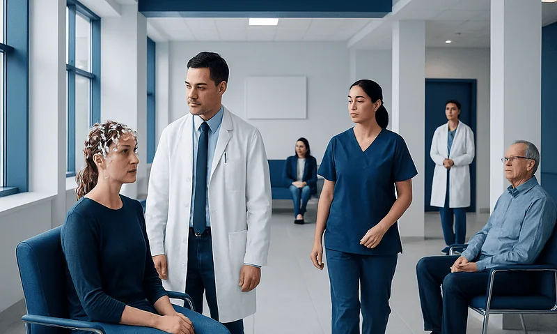 Medical professionals and patient in a hospital waiting area.