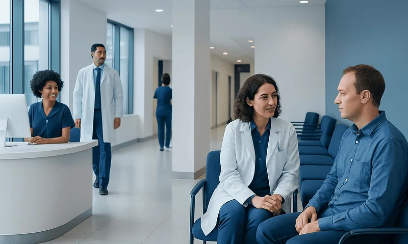 Medical professionals consulting with a patient in a hospital corridor.