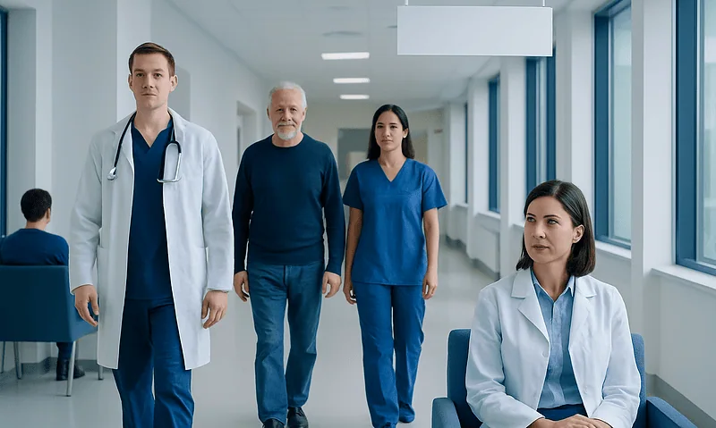 Medical team walking in hospital corridor at Acibadem Hospitals Group.