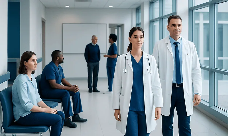 Medical professionals and patients in a hospital corridor with large windows.