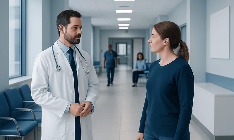 Doctor talking to a patient in a hospital corridor.