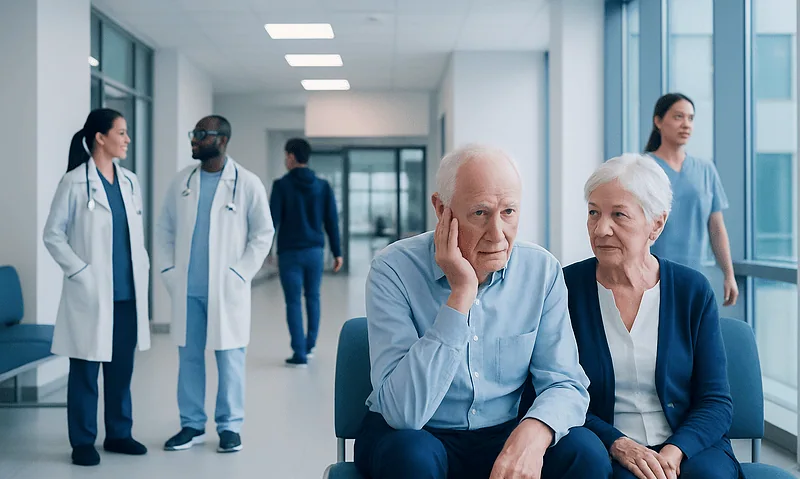 Elderly patient consulting with a doctor in a hospital corridor.