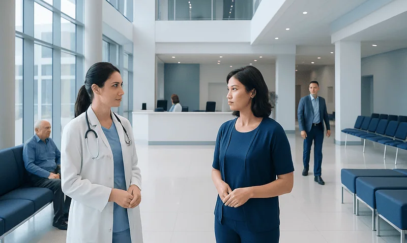 Doctor and patient talking in hospital lobby with waiting area seats.
