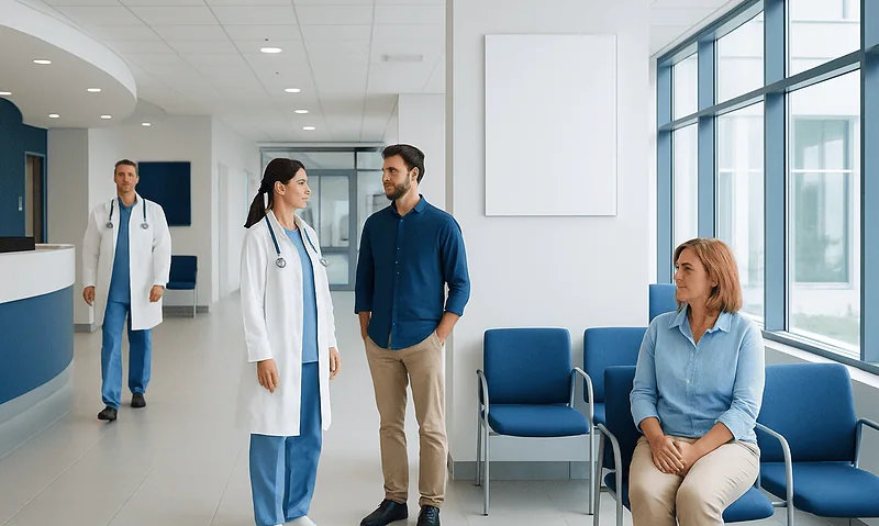 Colonoscopy Near Me: How to Choose the Right Hospital or Endoscopy Team 16 Hospital corridor with medical staff and patient in waiting area.