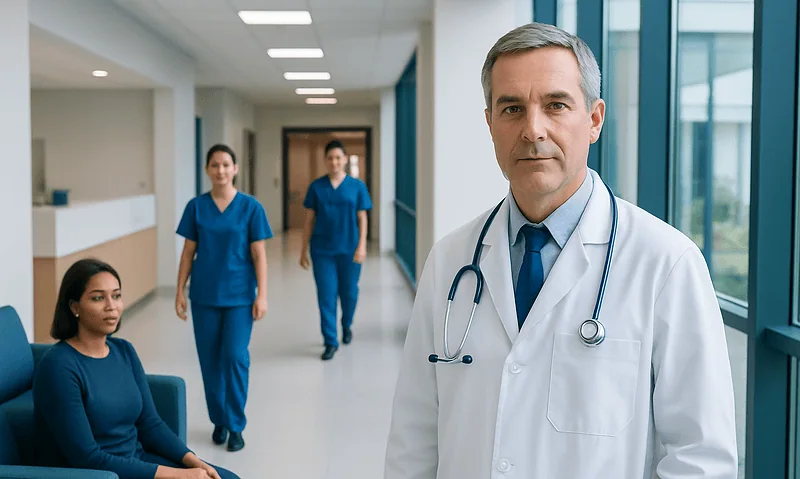 Medical team in hospital corridor with doctor in foreground.