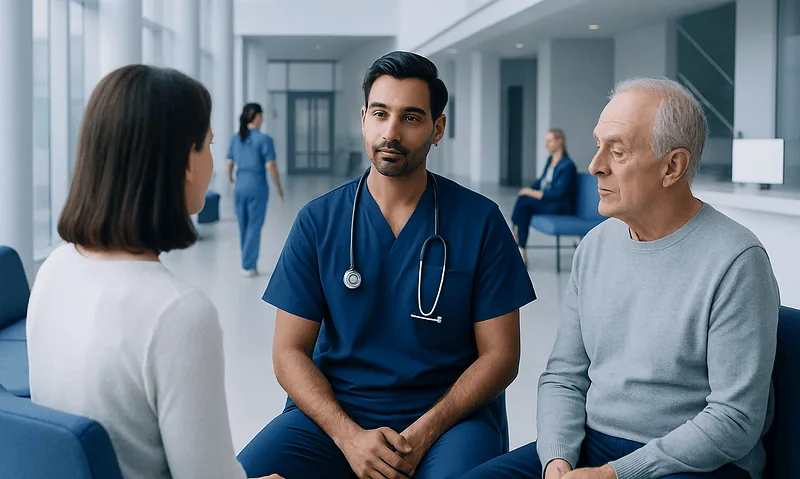 Dentist consulting with elderly patient in modern hospital setting.