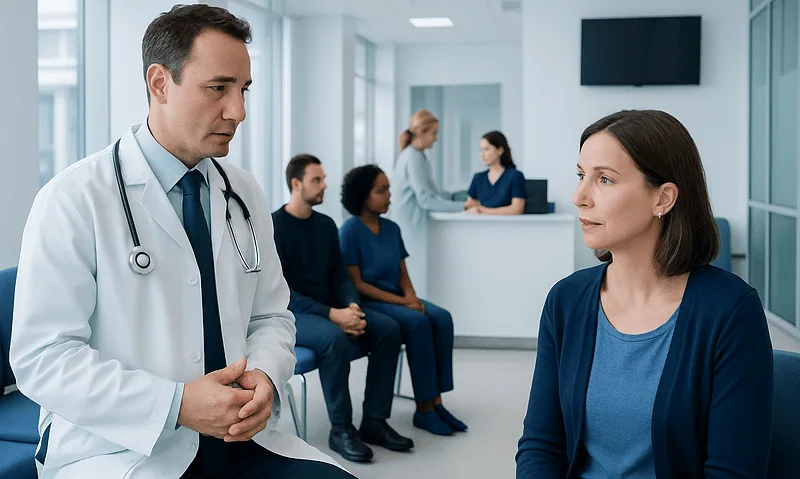 Doctor consulting a patient in a hospital corridor with other patients in the background.