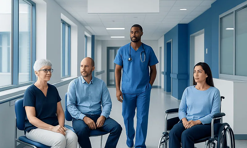 Medical team consulting with patients in hospital corridor.