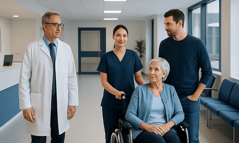 Medical team consulting with elderly patient in hospital corridor.