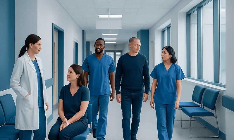 Medical team walking in hospital corridor with doctor and nurses in blue scrubs.