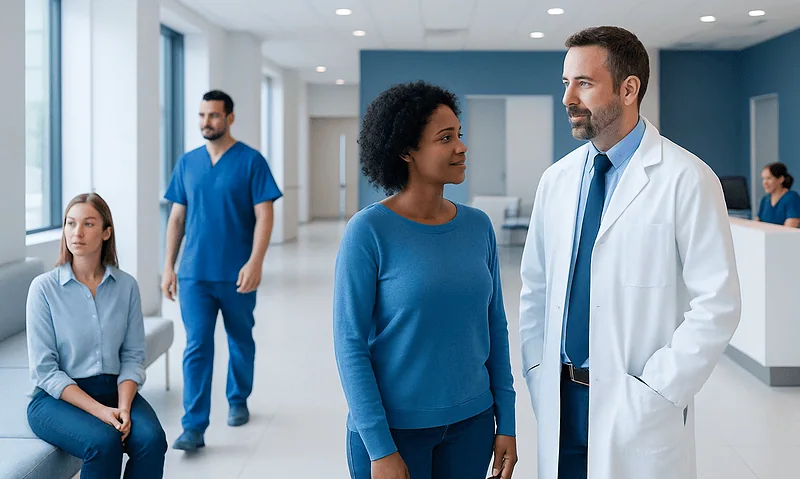 Doctor consulting patient in hospital corridor with staff in background.