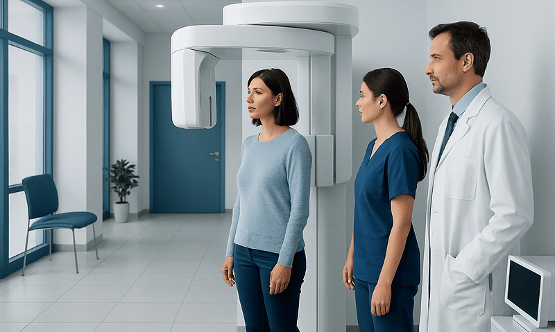 Cone Beam CT: How This Low-Dose 3D Scan Is Used in Dental and Facial Care 17 Dental professionals and patient in front of Cone Beam CT scanner at Acibadem Hospital.