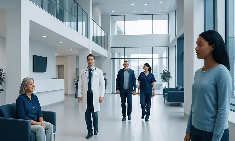 Medical professionals and patient in a modern hospital lobby.