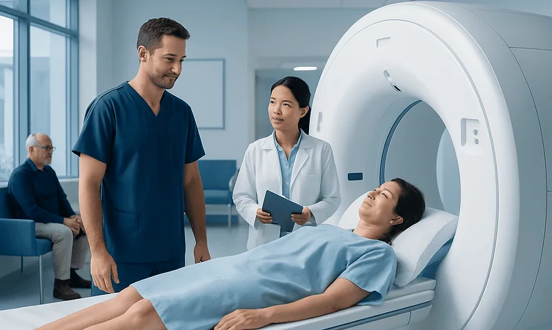 Contrast Dye in MRI and CT: Benefits, Risks, and Safety Checks 8 Patient undergoing MRI scan with medical staff in hospital.
