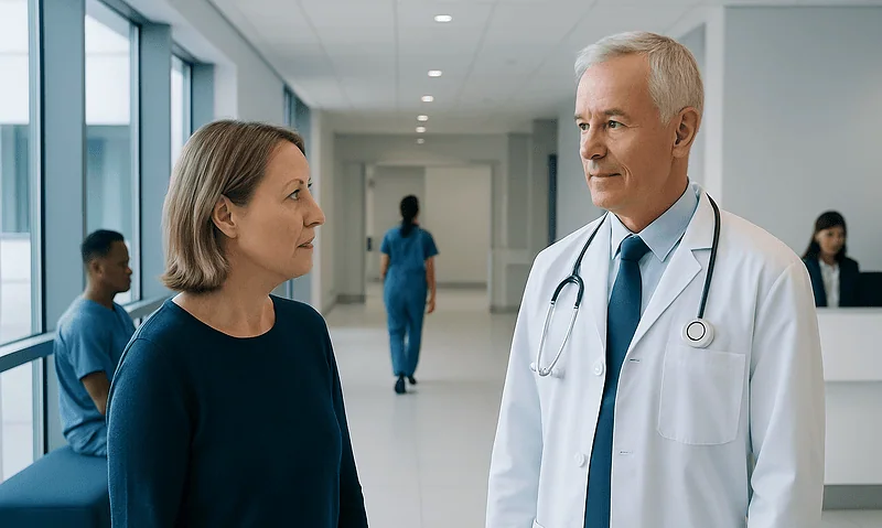 Doctor and patient having a consultation in a hospital corridor.